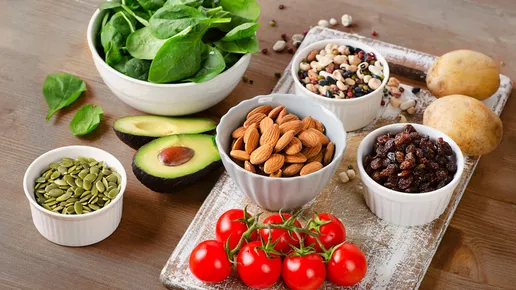 Foods containing potassium on a wooden table