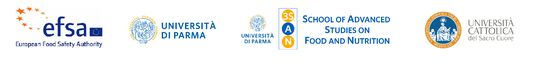 summer school partners logos, from left to right European Food Safety Authority (EFSA), the University of Parma, the School of Advanced Studies on Food and Nutrition, and the Catholic University of the Sacred Heart 